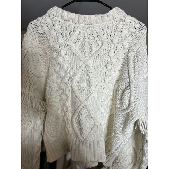 Macrame Line & Dot Cable Knit Fringe Sweater Heavy Cozy Boho Statement - Picture 2 of 6